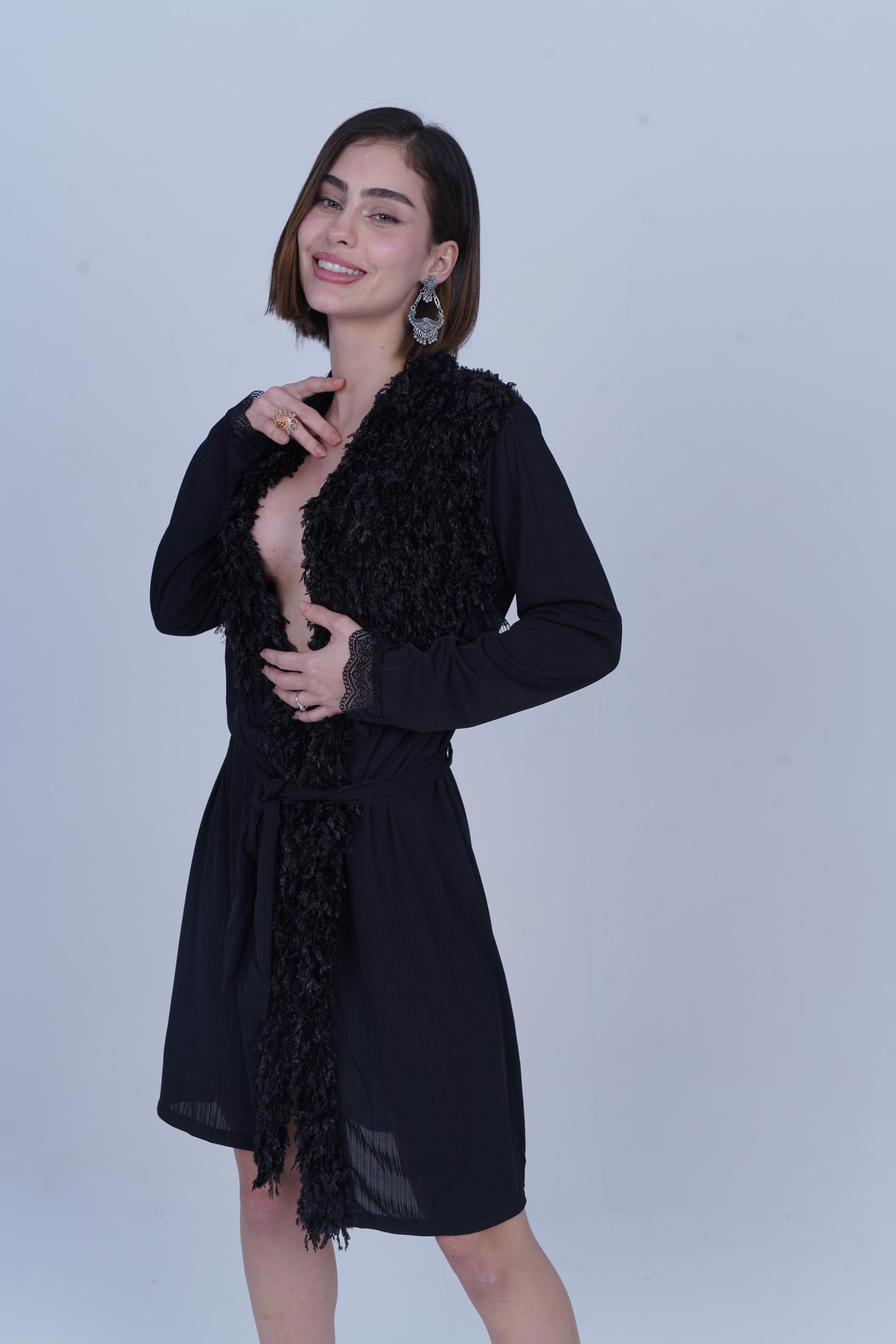 AXTZH One-Piece Sexy Nightwear for Women with Deep Neckline and Delicate Fringe Detailing X8808-BLACK-H1L