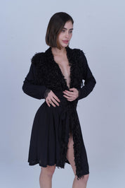 AXTZH One-Piece Sexy Nightwear for Women with Deep Neckline and Delicate Fringe Detailing X8808-BLACK-H1L