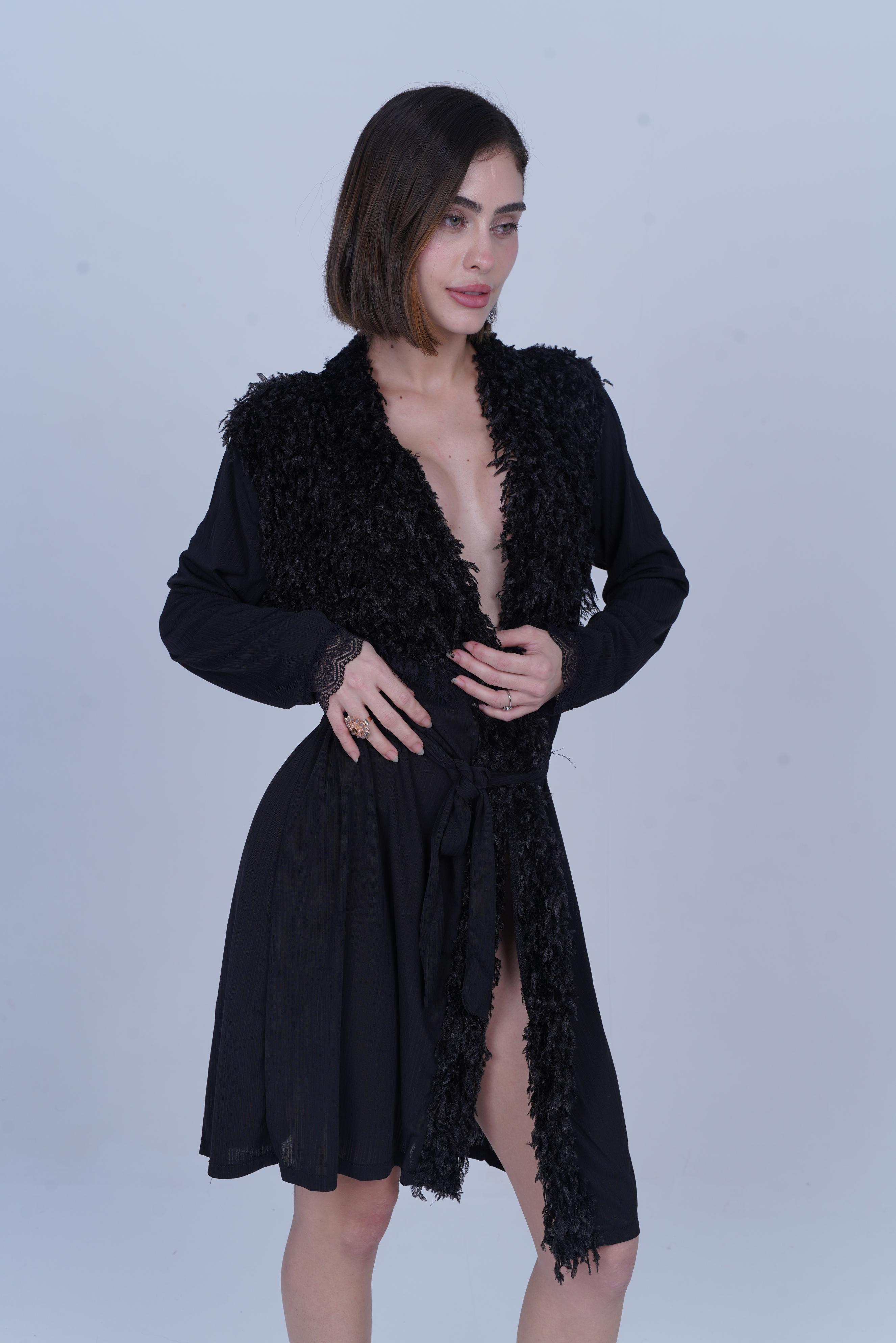 AXTZH One-Piece Sexy Nightwear for Women with Deep Neckline and Delicate Fringe Detailing X8808-BLACK-H1L