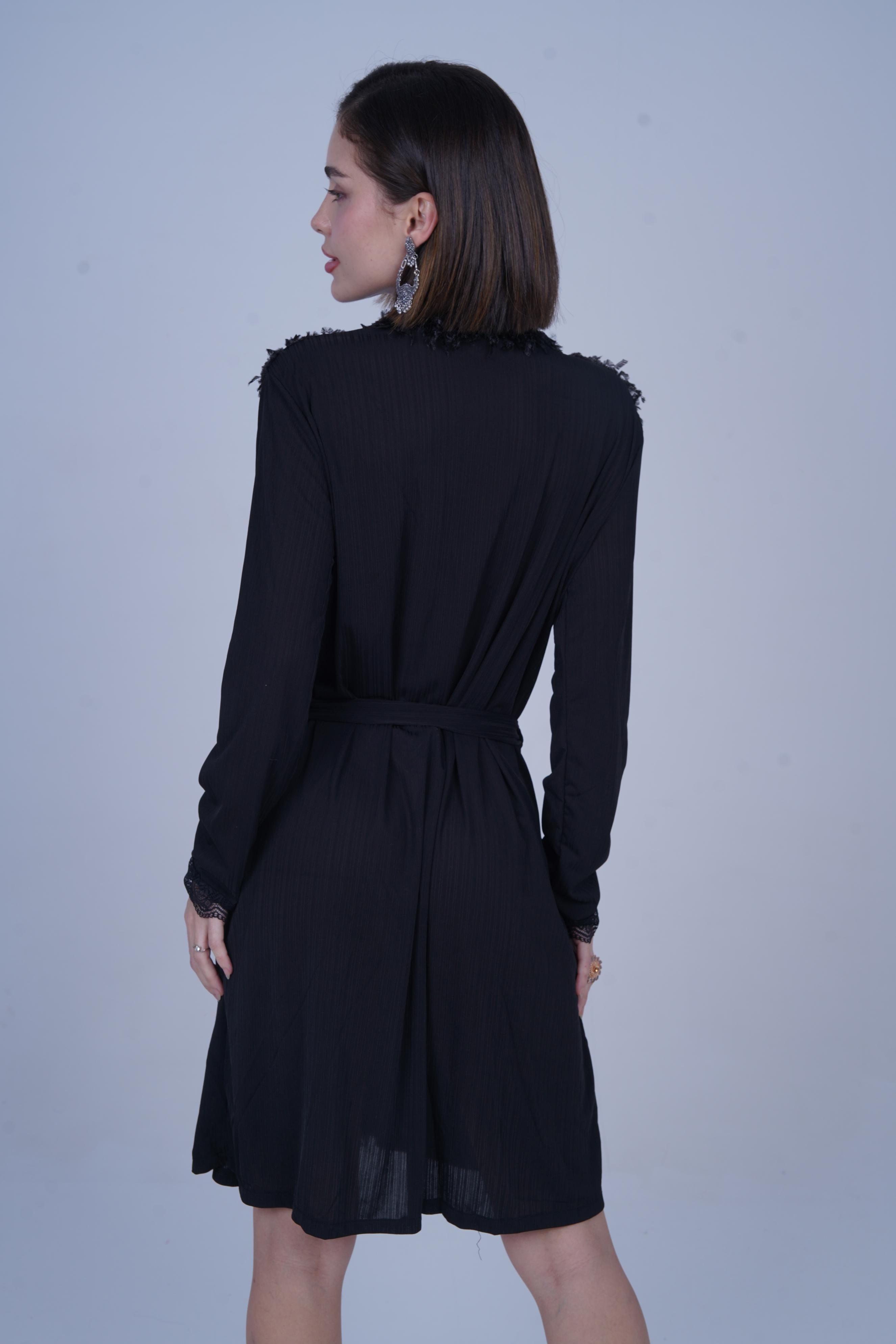 AXTZH One-Piece Sexy Nightwear for Women with Deep Neckline and Delicate Fringe Detailing X8808-BLACK-H1L