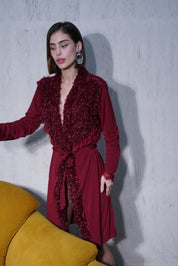 AXTZH One-Piece Sexy Nightwear for Women with Deep Neckline and Delicate Fringe Detailing X8808-MERLOT-H1L