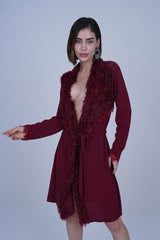 AXTZH One-Piece Sexy Nightwear for Women with Deep Neckline and Delicate Fringe Detailing X8808-MERLOT-H1L