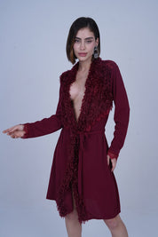 AXTZH One-Piece Sexy Nightwear for Women with Deep Neckline and Delicate Fringe Detailing X8808-MERLOT-H1L