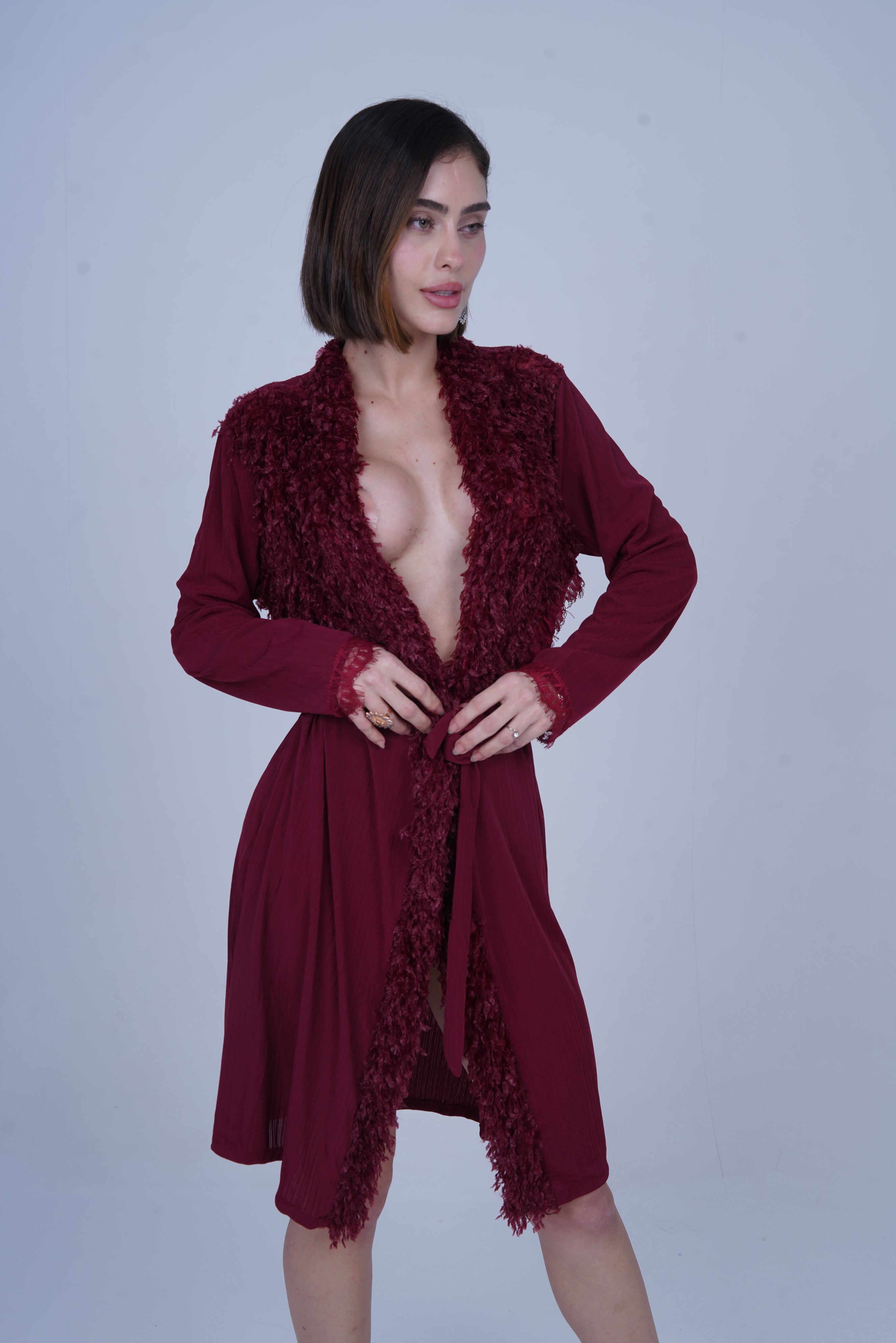 AXTZH One-Piece Sexy Nightwear for Women with Deep Neckline and Delicate Fringe Detailing X8808-MERLOT-H1L