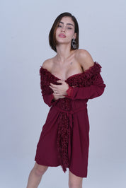 AXTZH One-Piece Sexy Nightwear for Women with Deep Neckline and Delicate Fringe Detailing X8808-MERLOT-H1L