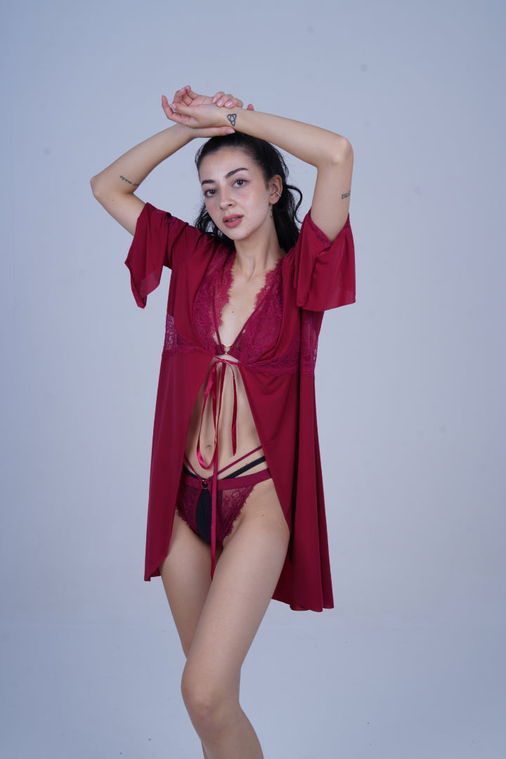 AXTZH Three-Piece Winter Nightwear Ensemble for Women Featuring Robe, Nightdress, and Intimate Inner Layer X2412-MERLOT-BIK3PM