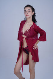 AXTZH Three-Piece Winter Nightwear Ensemble for Women Featuring Robe, Nightdress, and Intimate Inner Layer X2412-MERLOT-BIK3PM