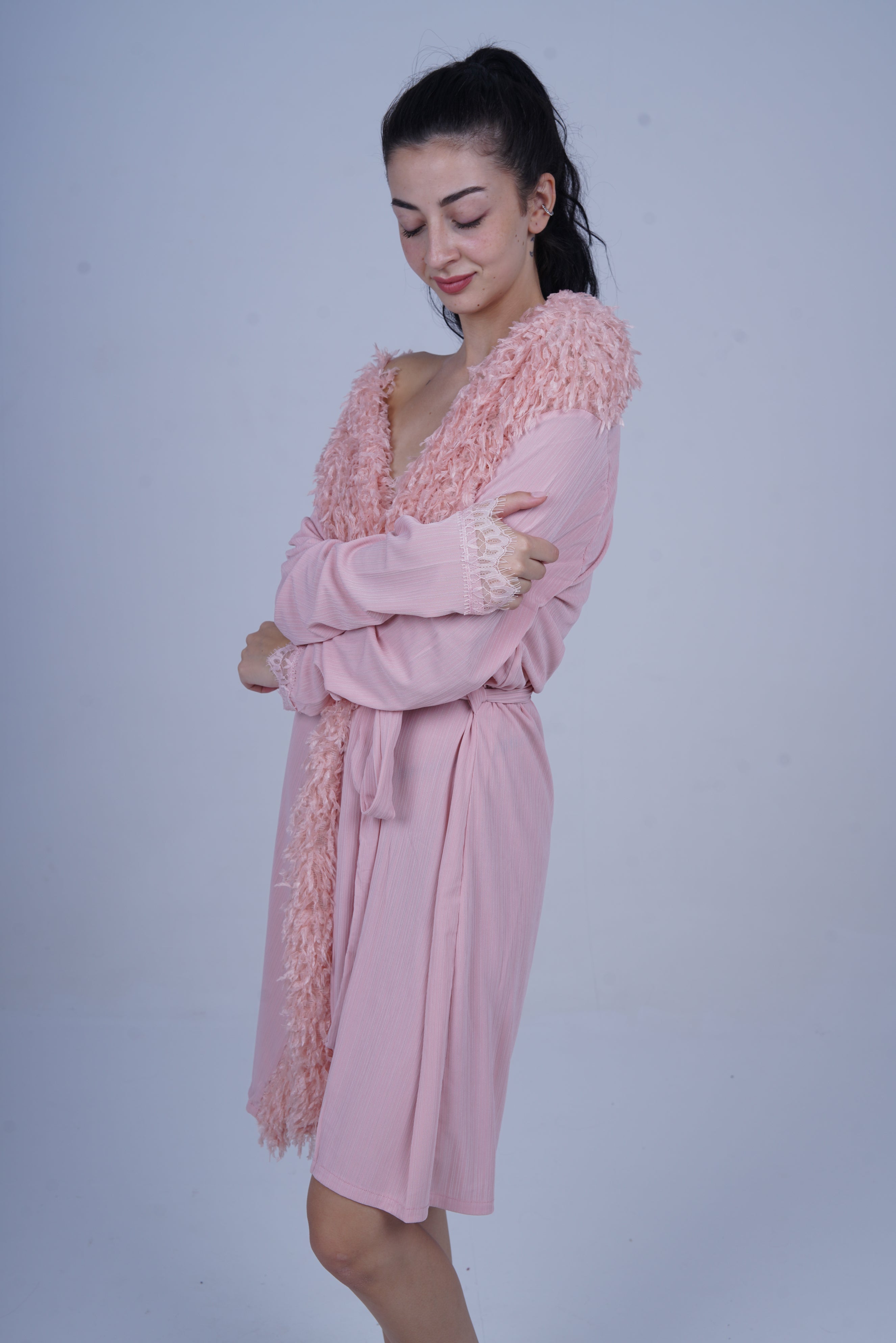 AXTZH One-Piece Sexy Nightwear for Women with Deep Neckline and Delicate Fringe Detailing  X8808-BLUSH-H1L