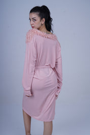 AXTZH One-Piece Sexy Nightwear for Women with Deep Neckline and Delicate Fringe Detailing  X8808-BLUSH-H1L