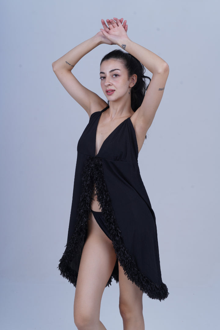 AXTZH Luxury Nightwear for Women with Sensual Fit and Intricate Edge Finishes X2424-BLACK-F1L