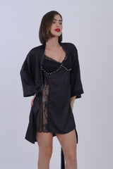 AXTZH Women’s Luxury Nightwear Set with Adjustable Robe and Soft Satin Inner Dress X0931-BLACK-F11S