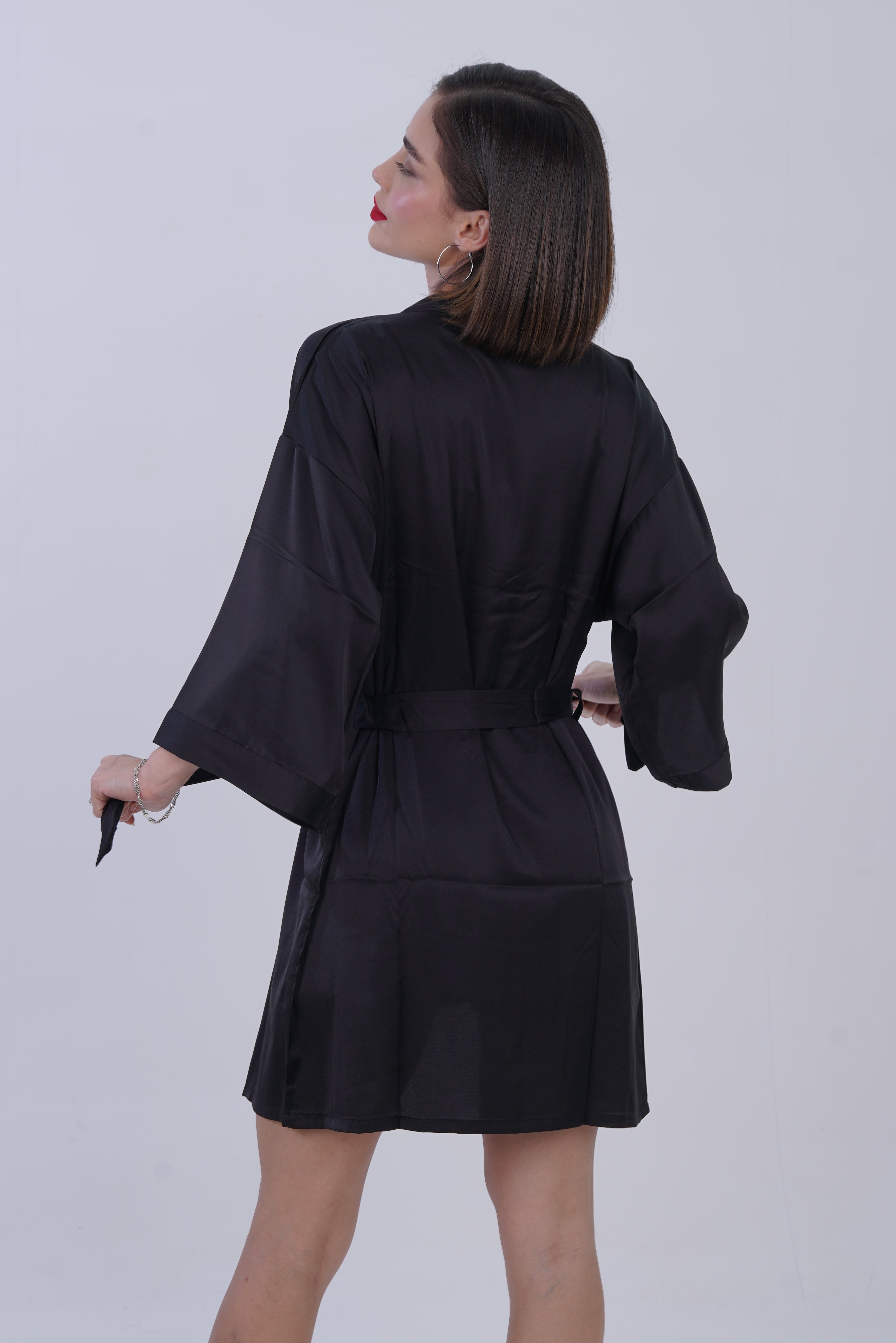 AXTZH Women’s Luxury Nightwear Set with Adjustable Robe and Soft Satin Inner Dress X0931-BLACK-F11S