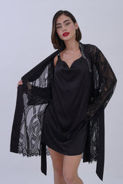 AXTZH Stylish Nightwear Set for Women with Delicate Inner Dress and Matching Lace Cover-Up X0115-BLACK-F11S