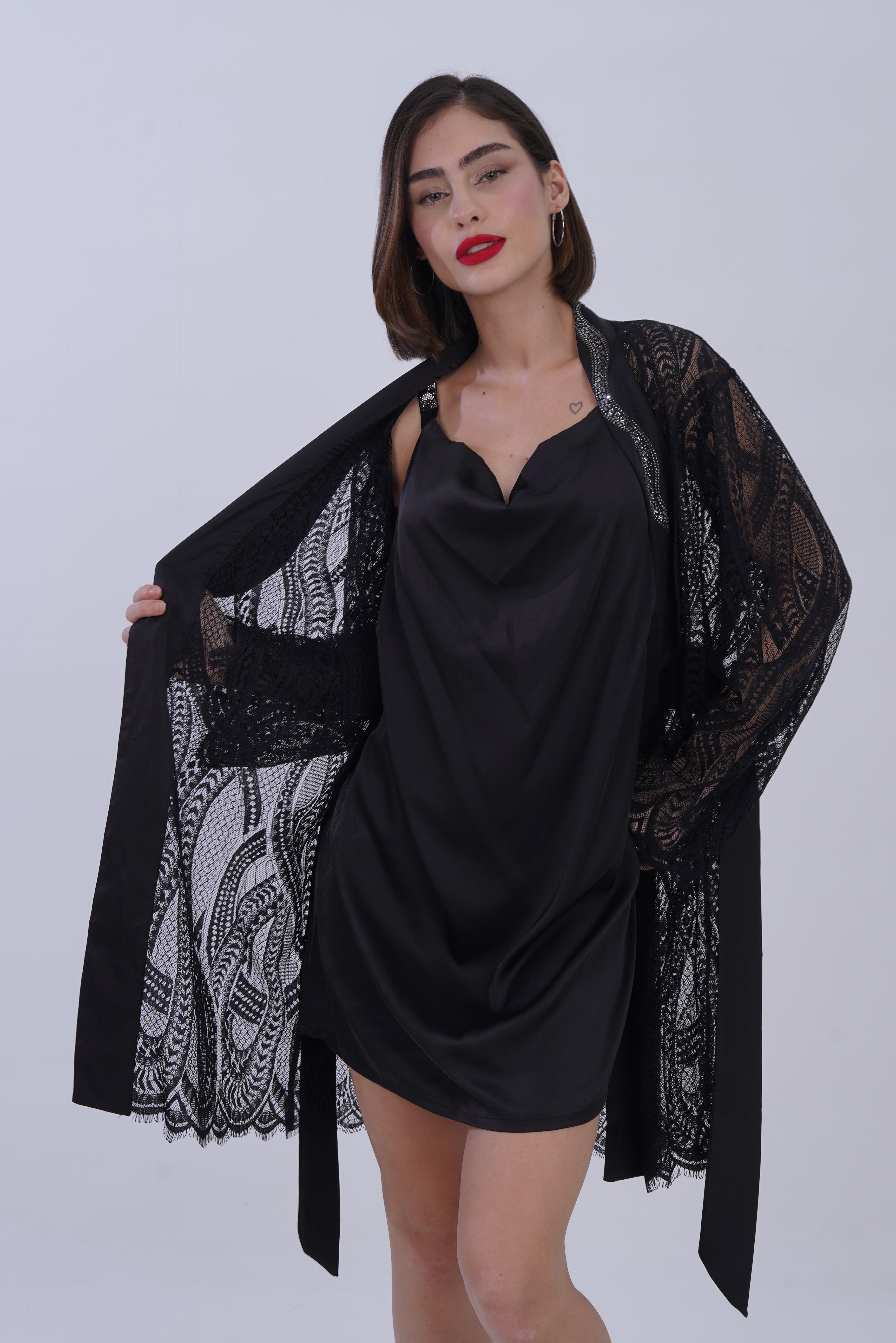 AXTZH Stylish Nightwear Set for Women with Delicate Inner Dress and Matching Lace Cover-Up X0115-BLACK-F11S