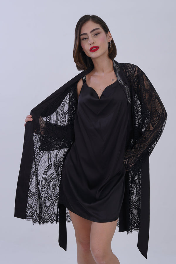 AXTZH Stylish Nightwear Set for Women with Delicate Inner Dress and Matching Lace Cover-Up X0115-BLACK-F11S