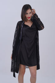 AXTZH Stylish Nightwear Set for Women with Delicate Inner Dress and Matching Lace Cover-Up X0115-BLACK-F11S