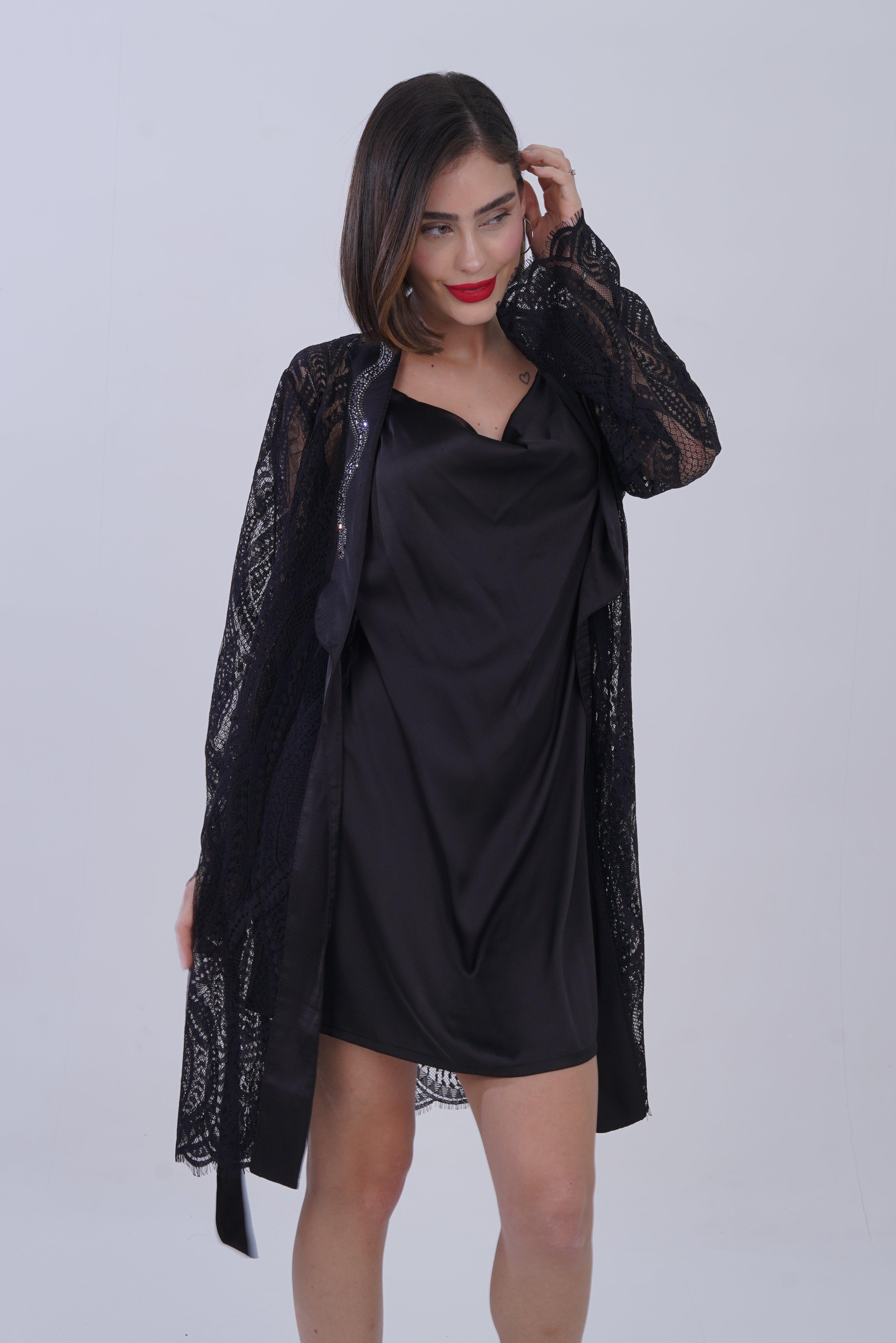 AXTZH Stylish Nightwear Set for Women with Delicate Inner Dress and Matching Lace Cover-Up X0115-BLACK-F11S