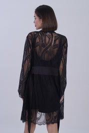 AXTZH Stylish Nightwear Set for Women with Delicate Inner Dress and Matching Lace Cover-Up X0115-BLACK-F11S