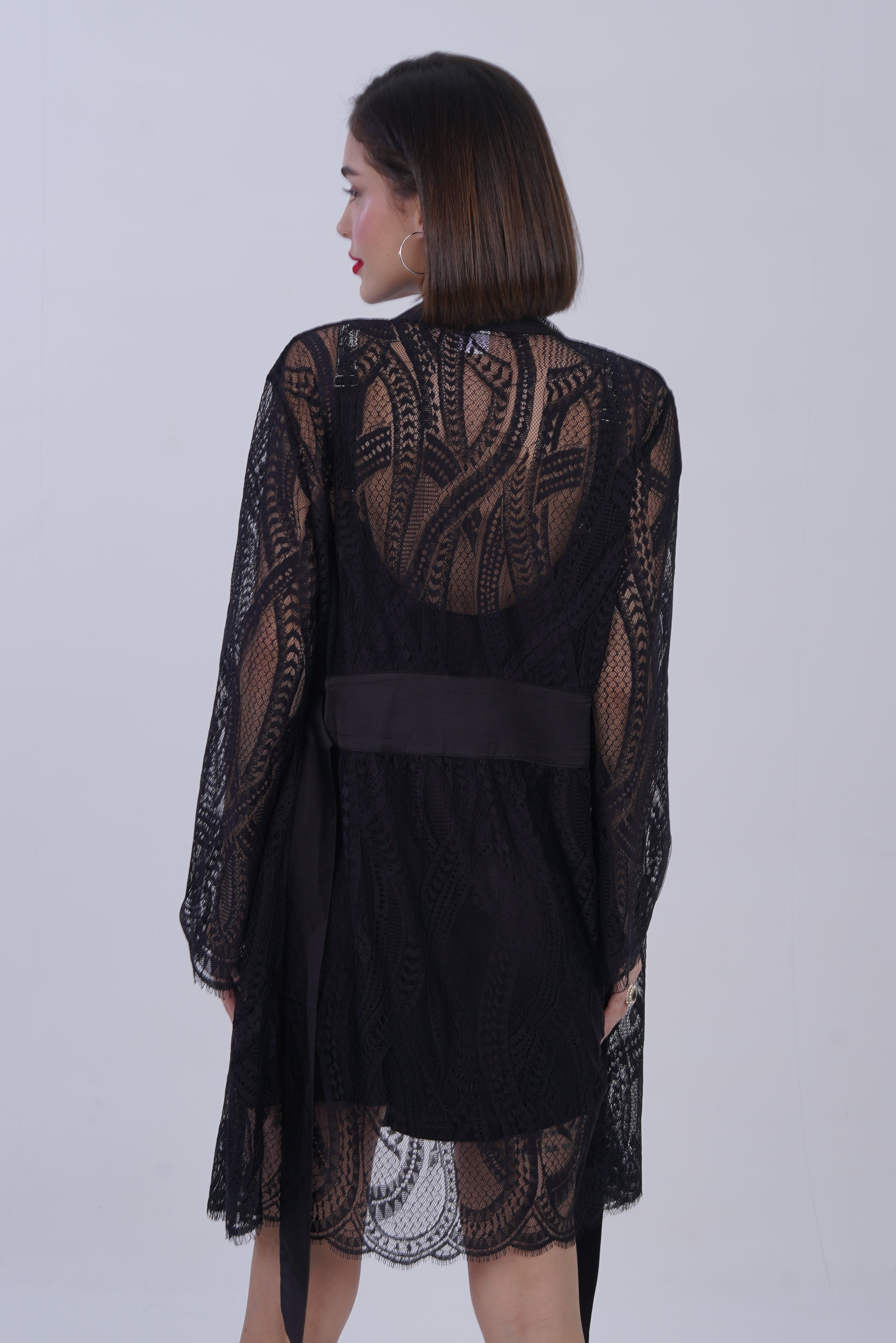 AXTZH Stylish Nightwear Set for Women with Delicate Inner Dress and Matching Lace Cover-Up X0115-BLACK-F11S