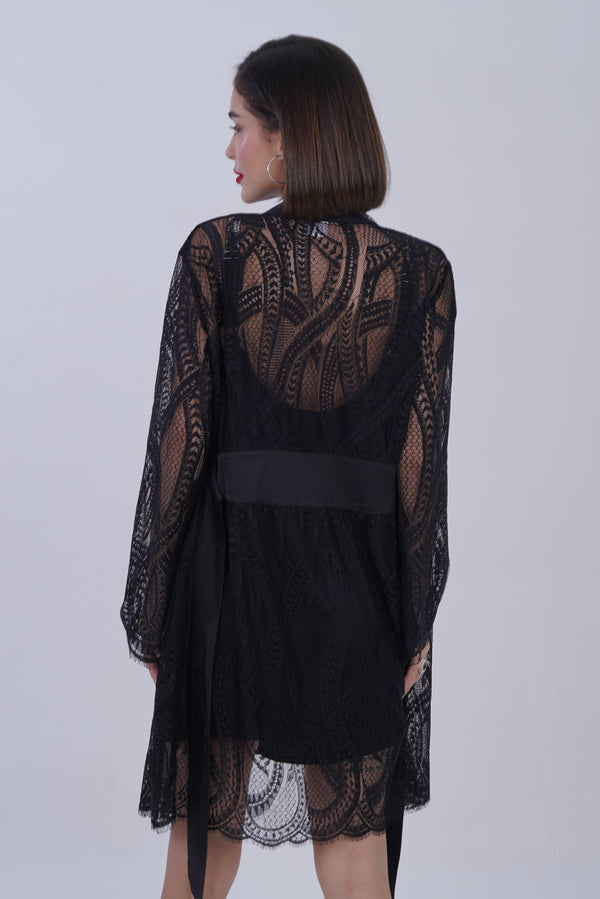 AXTZH Stylish Nightwear Set for Women with Delicate Inner Dress and Matching Lace Cover-Up X0115-BLACK-F11S