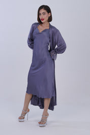 AXTZH Women’s Two-Piece Nightwear Set with Elegant Satin Slip and Sheer Lace Robe X9701-SLATE-F22S