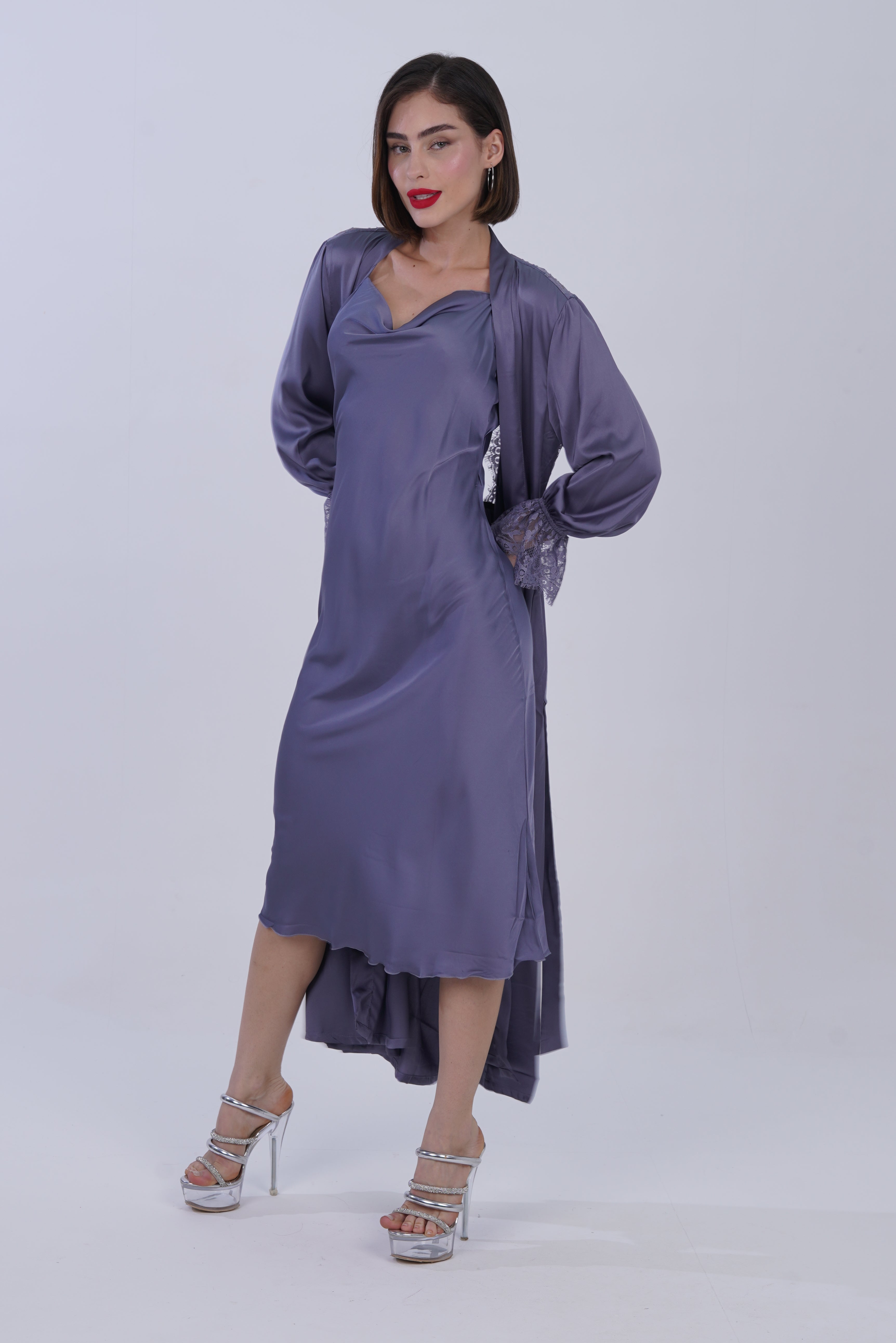 AXTZH Women’s Two-Piece Nightwear Set with Elegant Satin Slip and Sheer Lace Robe X9701-SLATE-F22S