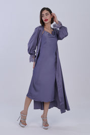 AXTZH Women’s Two-Piece Nightwear Set with Elegant Satin Slip and Sheer Lace Robe X9701-SLATE-F22S