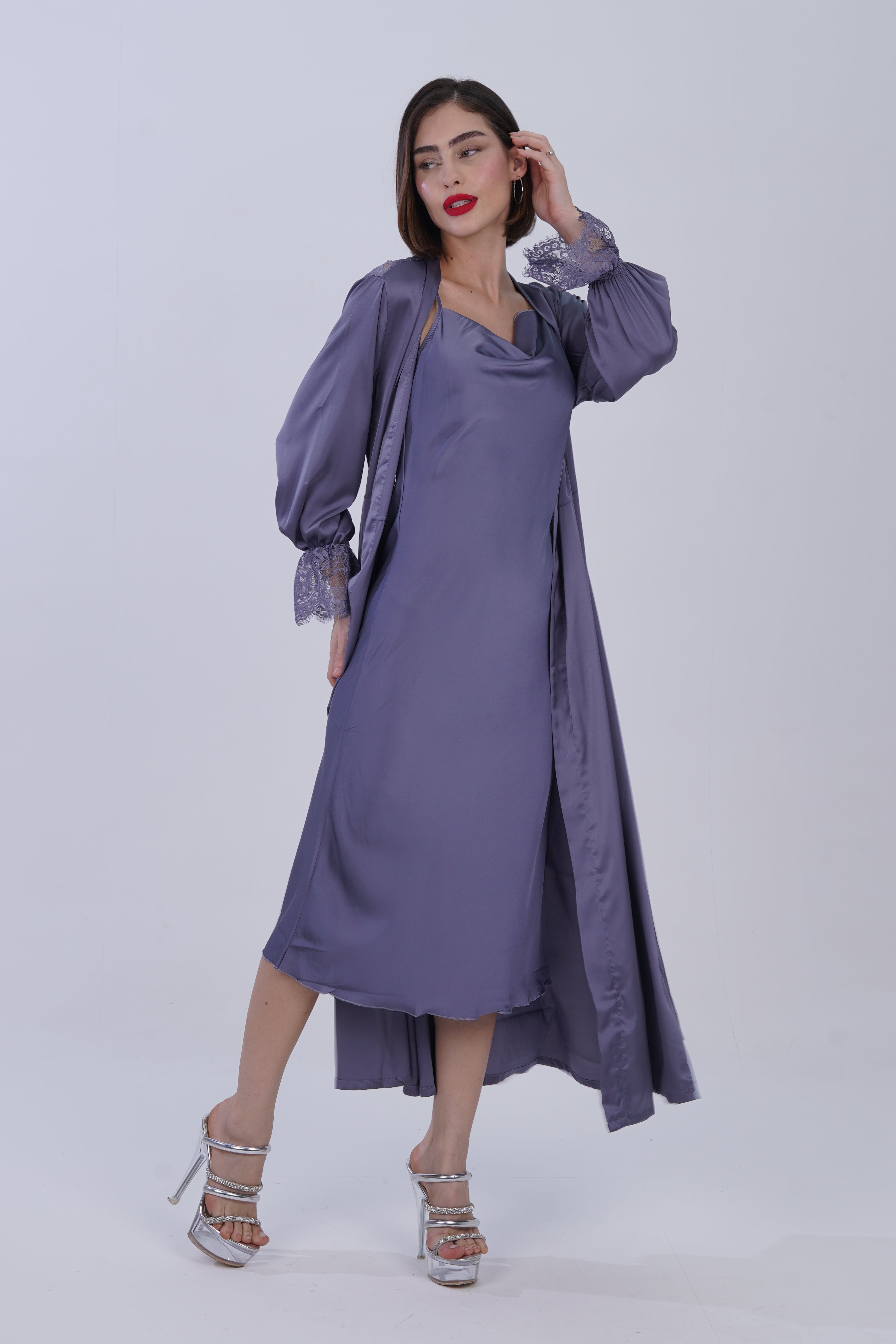 AXTZH Women’s Two-Piece Nightwear Set with Elegant Satin Slip and Sheer Lace Robe X9701-SLATE-F22S
