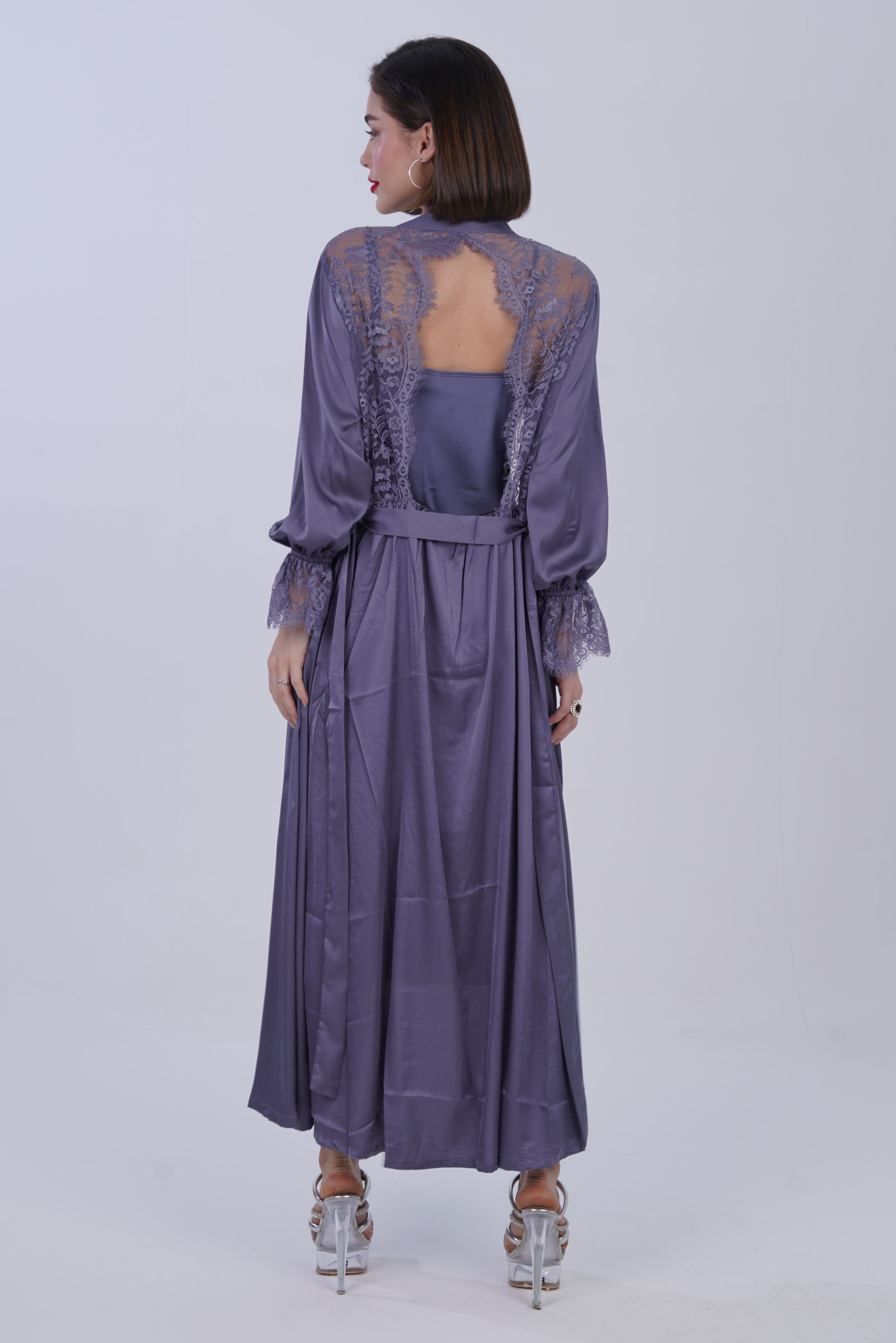 AXTZH Women’s Two-Piece Nightwear Set with Elegant Satin Slip and Sheer Lace Robe X9701-SLATE-F22S