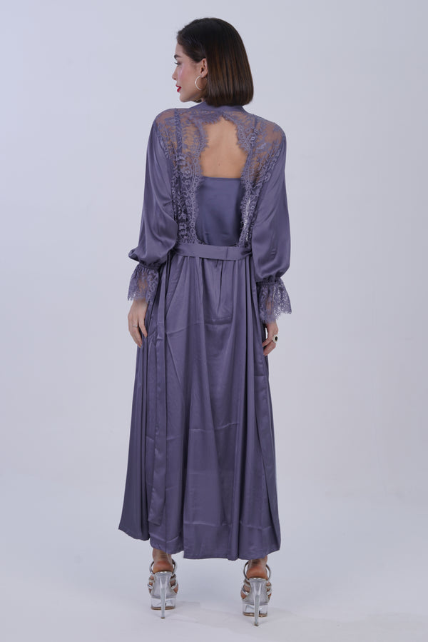 AXTZH Women’s Two-Piece Nightwear Set with Elegant Satin Slip and Sheer Lace Robe X9701-SLATE-F22S