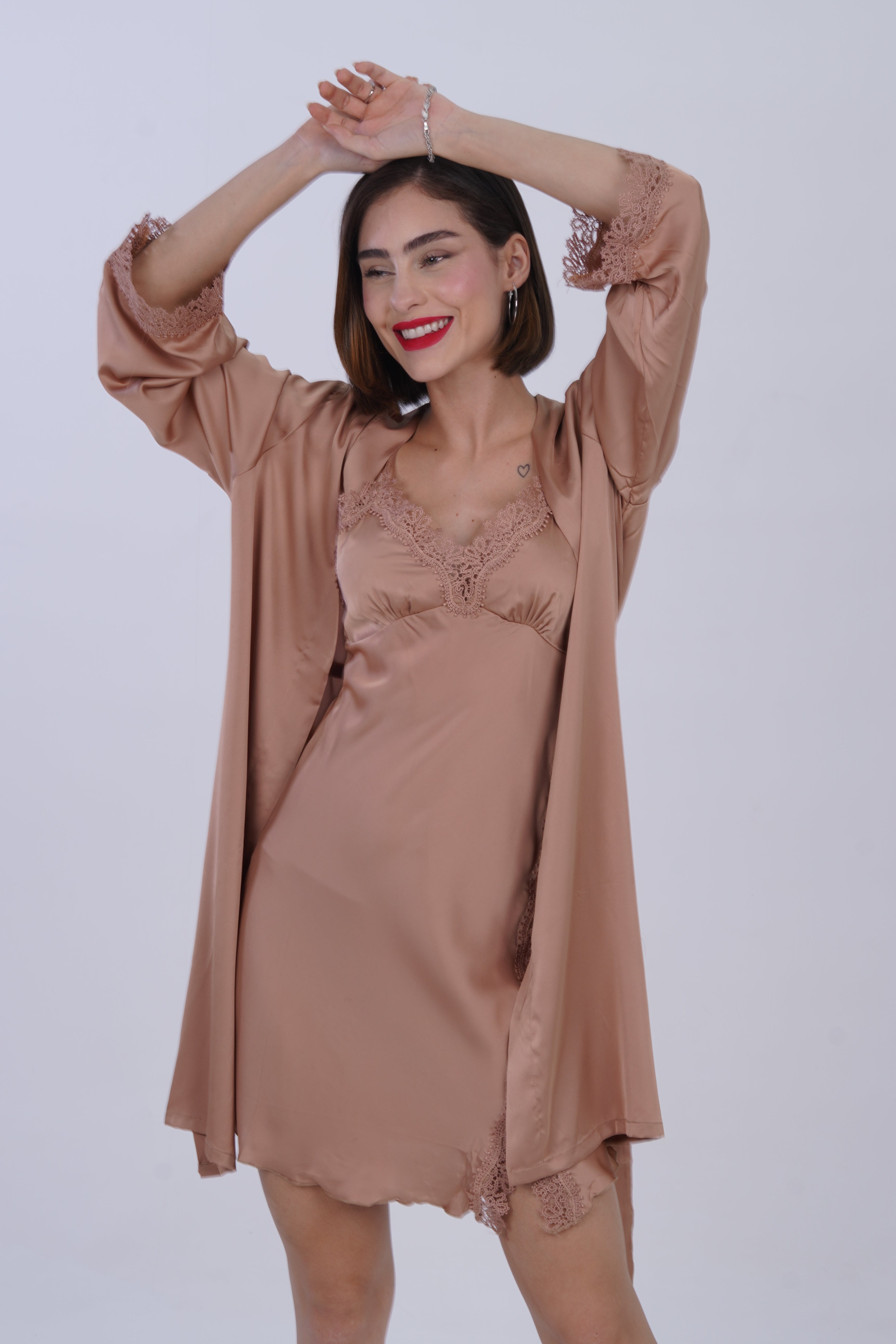 AXTZH Women’s Two-Piece Nightwear Set with Satin Slip Dress and Matching Robe X8087-TAN-F11S