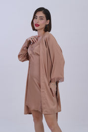 AXTZH Women’s Two-Piece Nightwear Set with Satin Slip Dress and Matching Robe X8087-TAN-F11S
