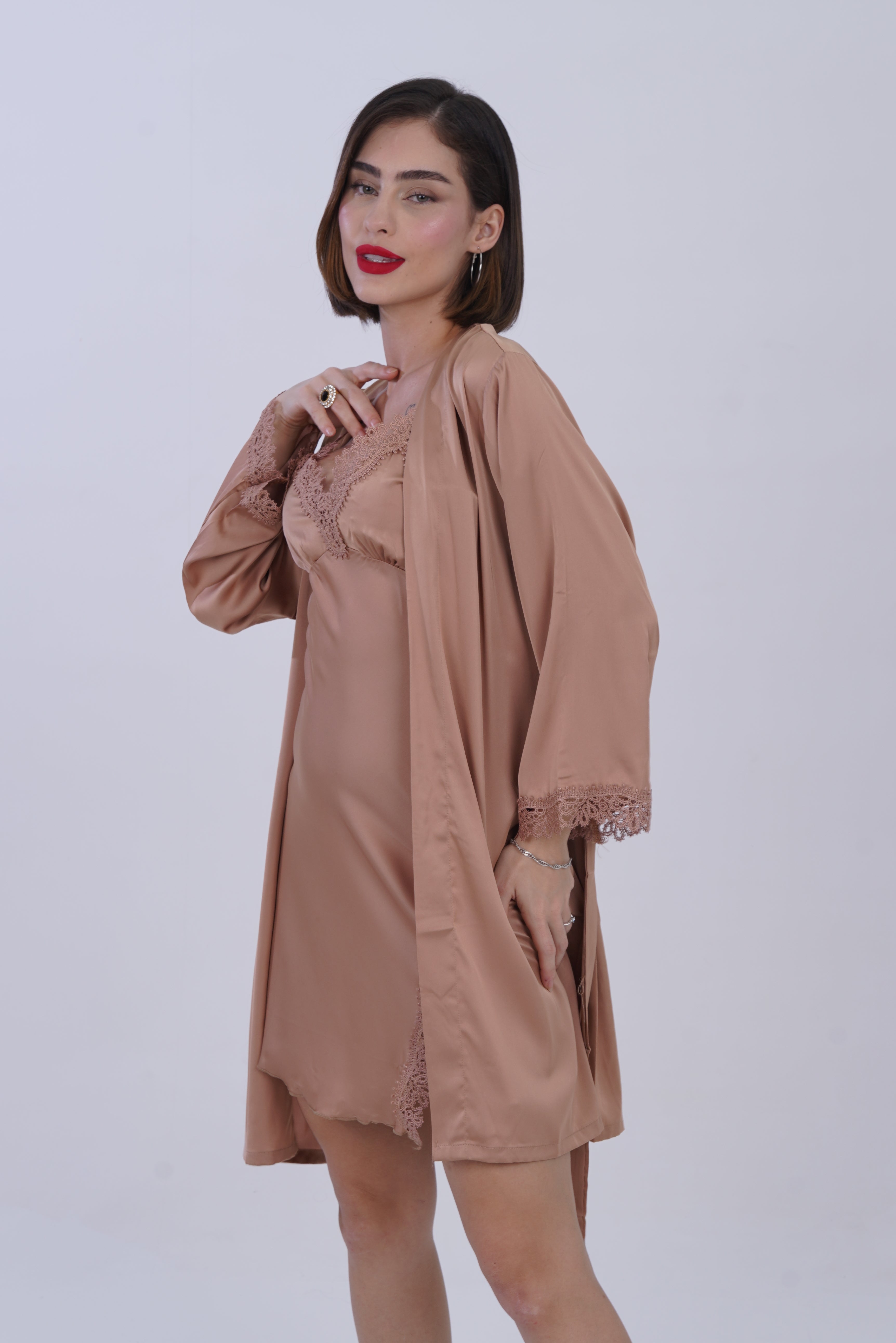 AXTZH Women’s Two-Piece Nightwear Set with Satin Slip Dress and Matching Robe X8087-TAN-F11S