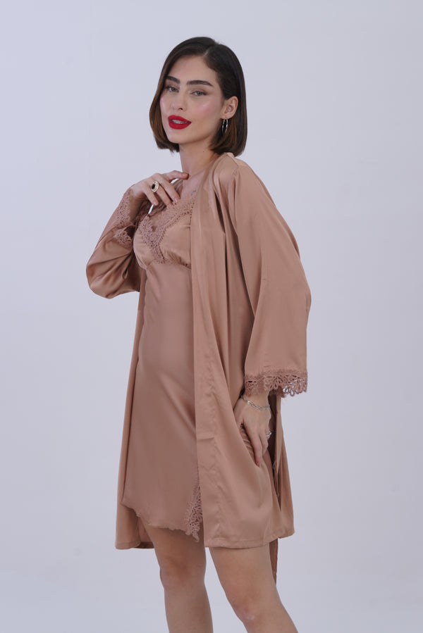 AXTZH Women’s Two-Piece Nightwear Set with Satin Slip Dress and Matching Robe X8087-TAN-F11S