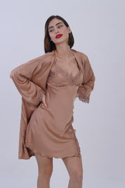 AXTZH Women’s Two-Piece Nightwear Set with Satin Slip Dress and Matching Robe X8087-TAN-F11S