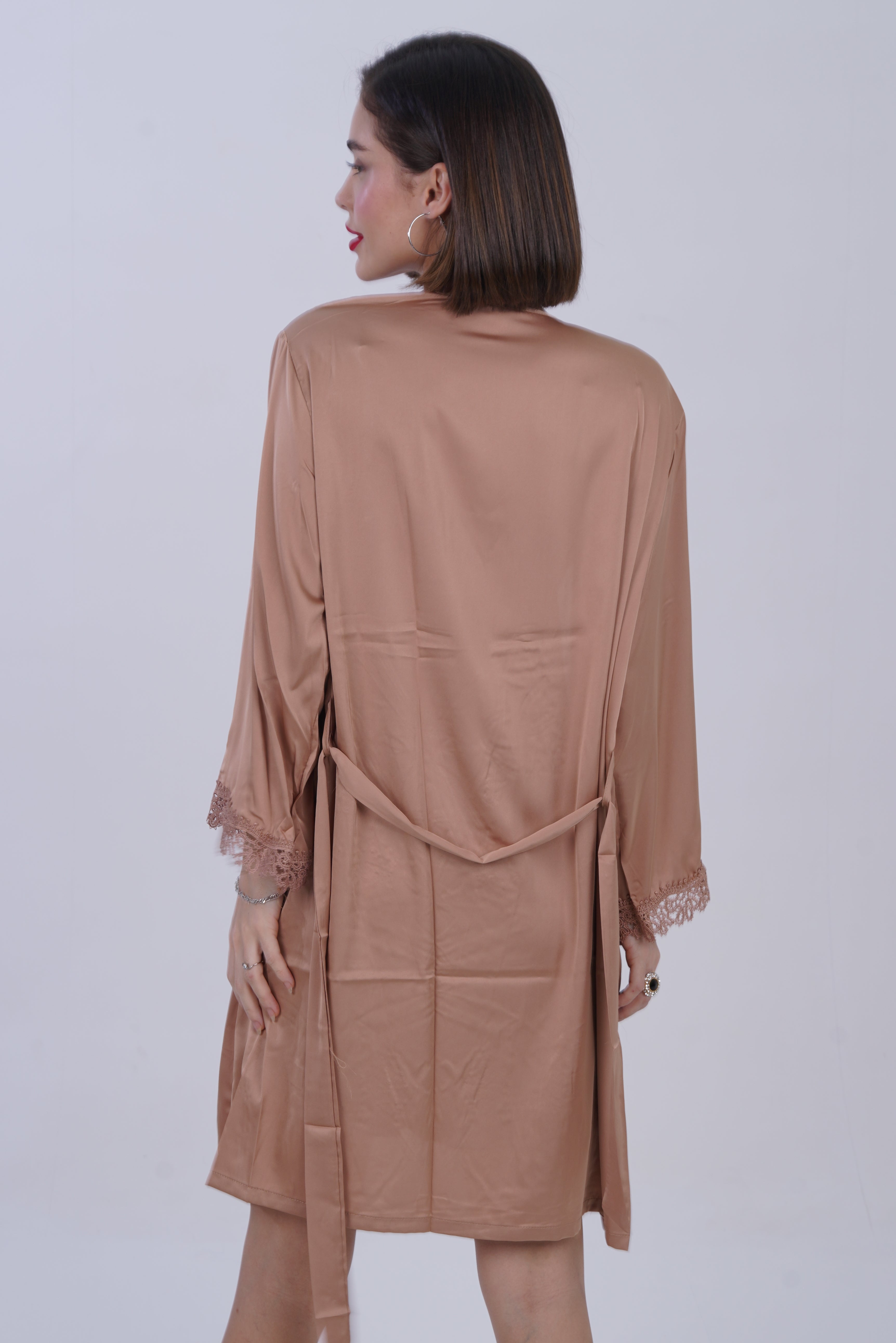 AXTZH Women’s Two-Piece Nightwear Set with Satin Slip Dress and Matching Robe X8087-TAN-F11S