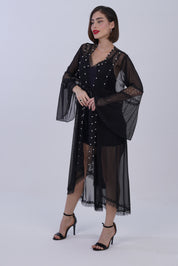 AXTZH Women’s Luxury Nightwear with Lace Trim, Satin Tie, and Semi-Sheer Flowing Design X0003-BLACK-F12M