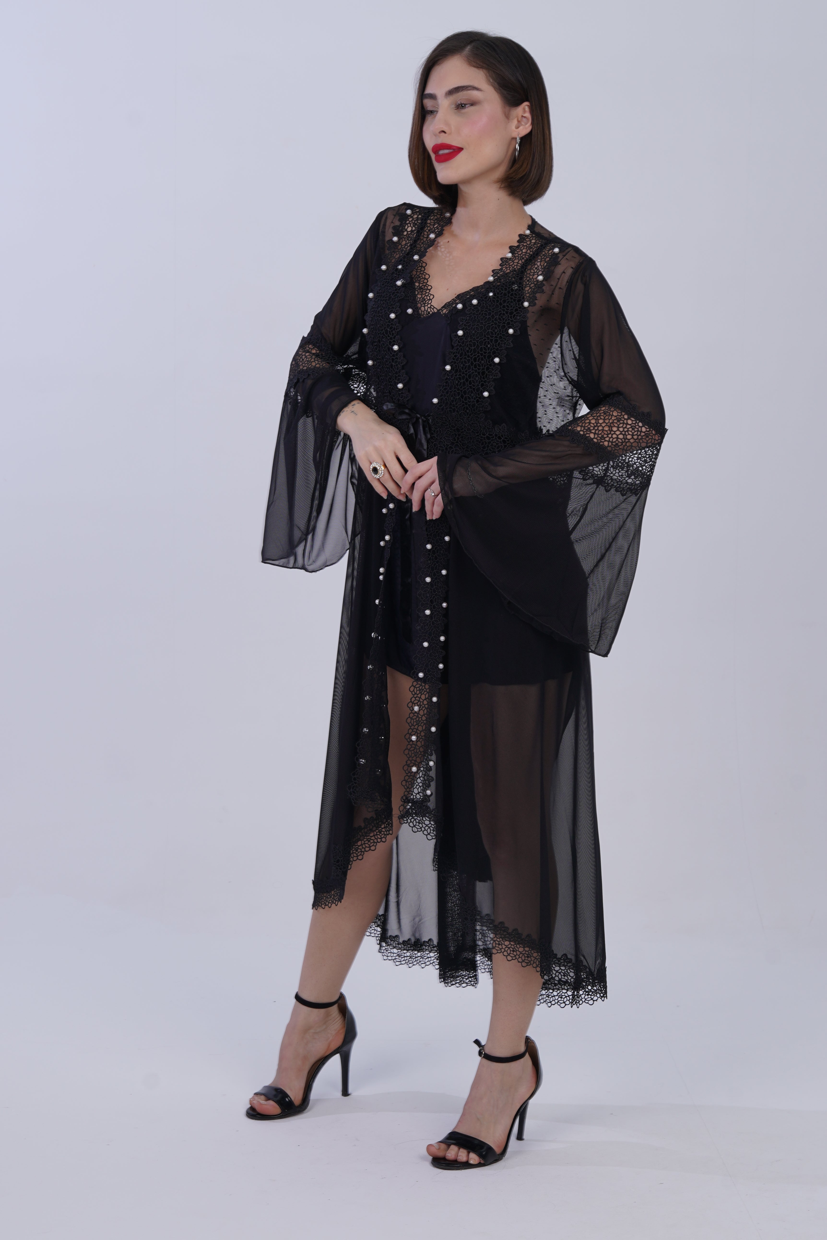 AXTZH Women’s Luxury Nightwear with Lace Trim, Satin Tie, and Semi-Sheer Flowing Design X0003-BLACK-F12M