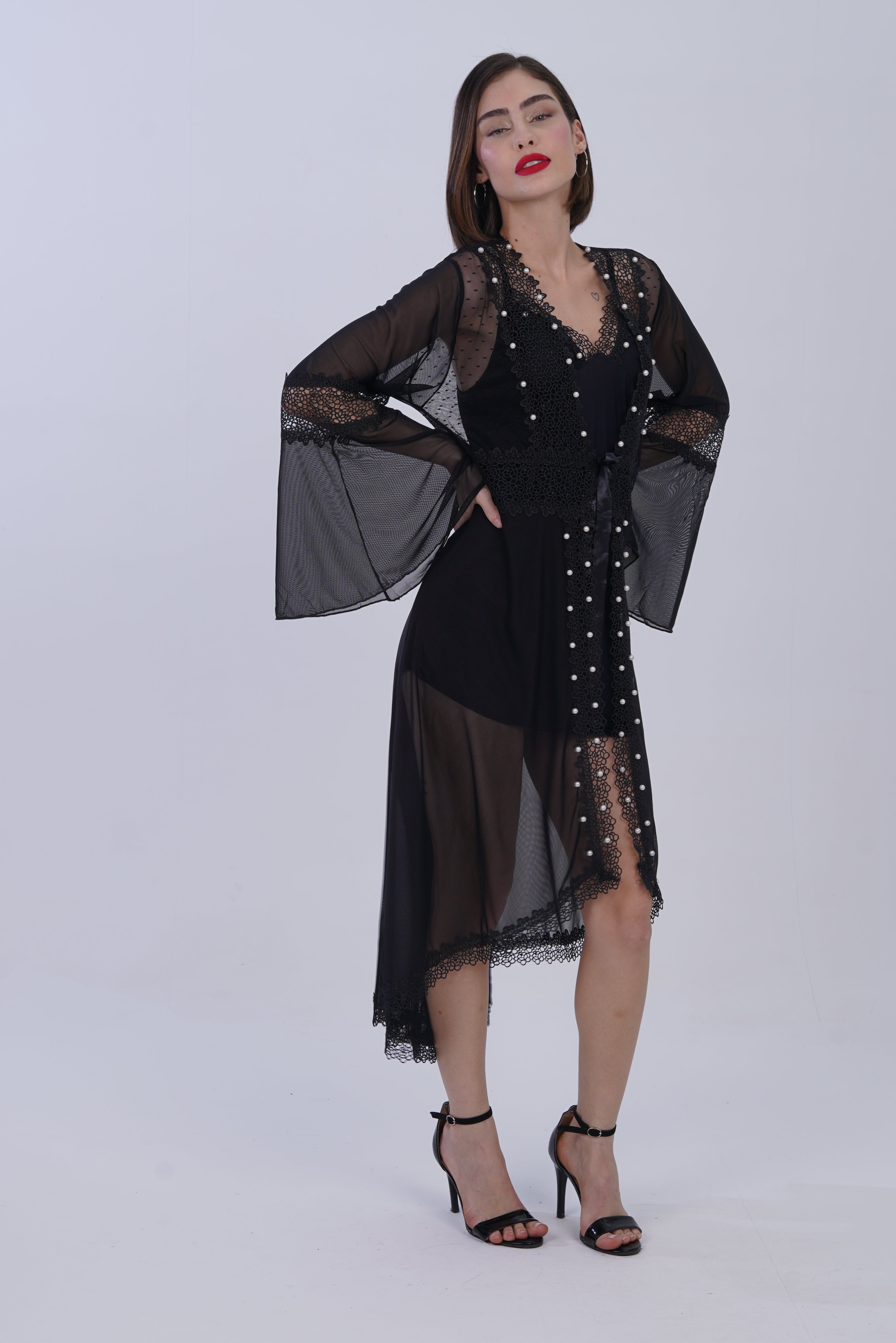 AXTZH Women’s Luxury Nightwear with Lace Trim, Satin Tie, and Semi-Sheer Flowing Design X0003-BLACK-F12M