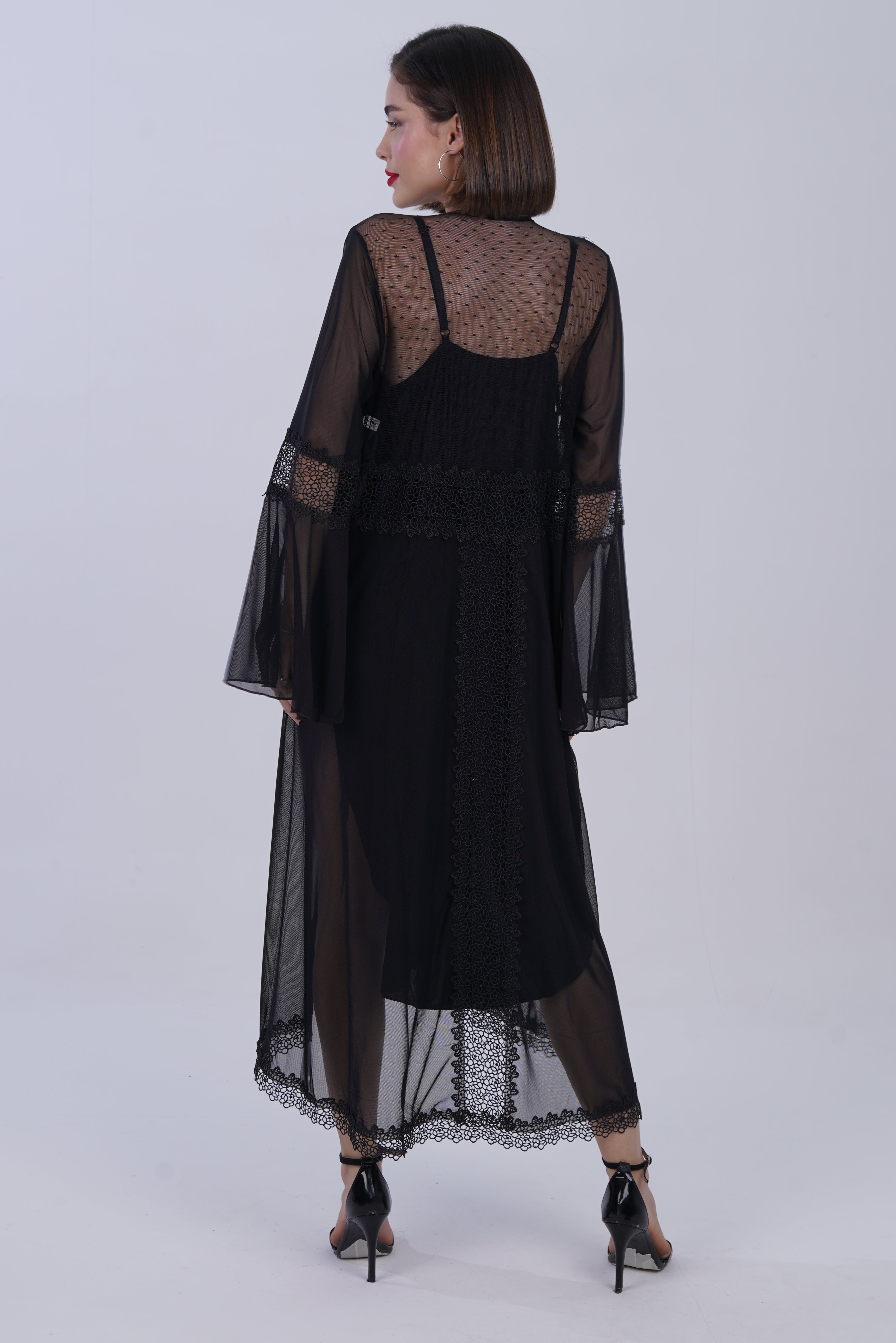 AXTZH Women’s Luxury Nightwear with Lace Trim, Satin Tie, and Semi-Sheer Flowing Design X0003-BLACK-F12M