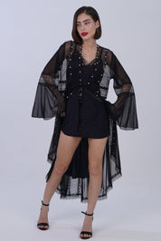 AXTZH Women’s Luxury Nightwear with Lace Trim, Satin Tie, and Semi-Sheer Flowing Design X0003-BLACK-F12M