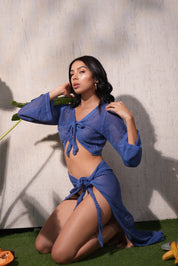 AXTZH Sheer Tie-Front Crop & Wrap Skirt Beachwear Set X2536-DBLUE-BW2PF