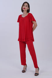 AXTZH NIGHTWEAR 2-piece set: short-sleeve top with matching pajama bottoms X8010-RED-C9M