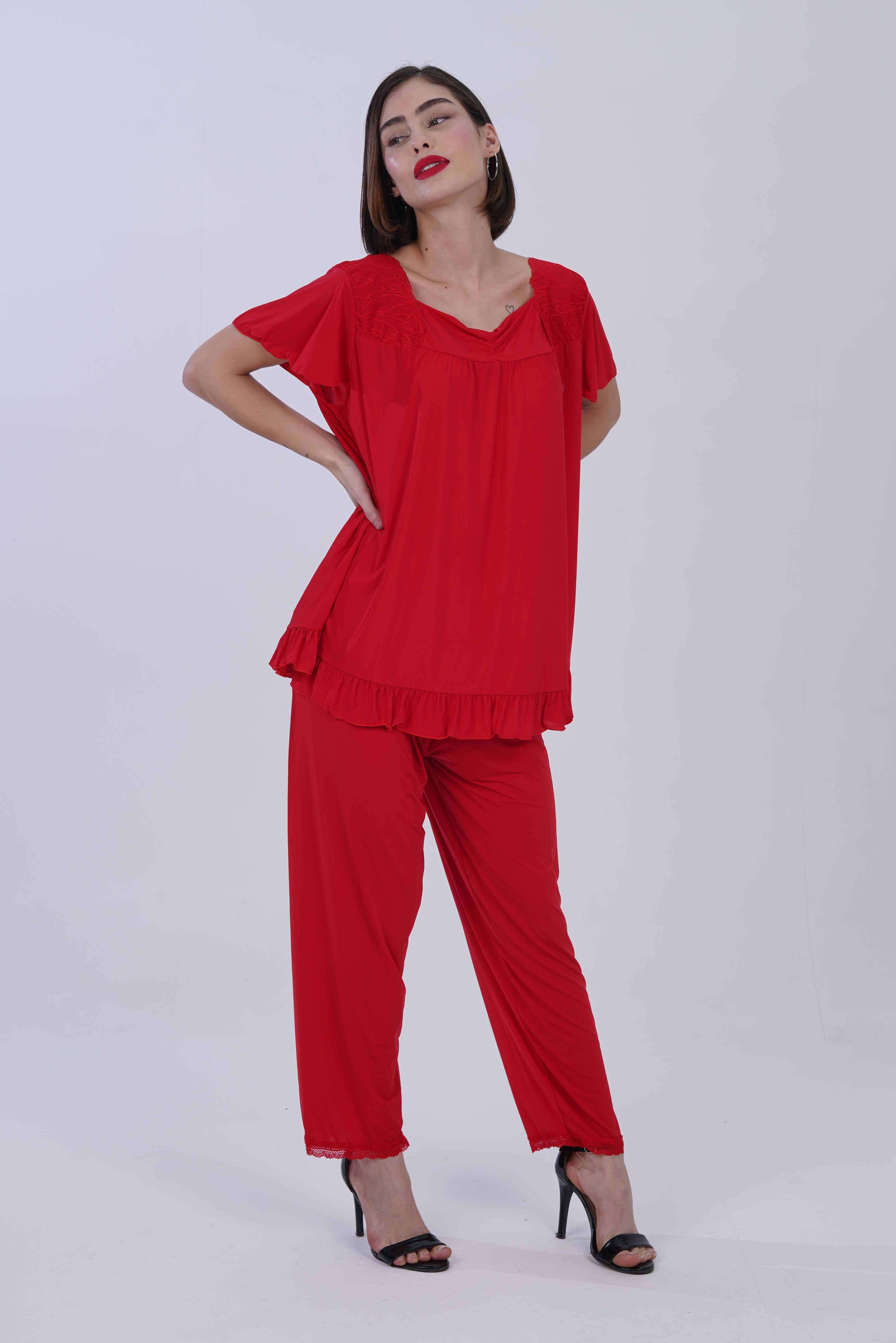 AXTZH NIGHTWEAR 2-piece set: short-sleeve top with matching pajama bottoms X8010-RED-C9M