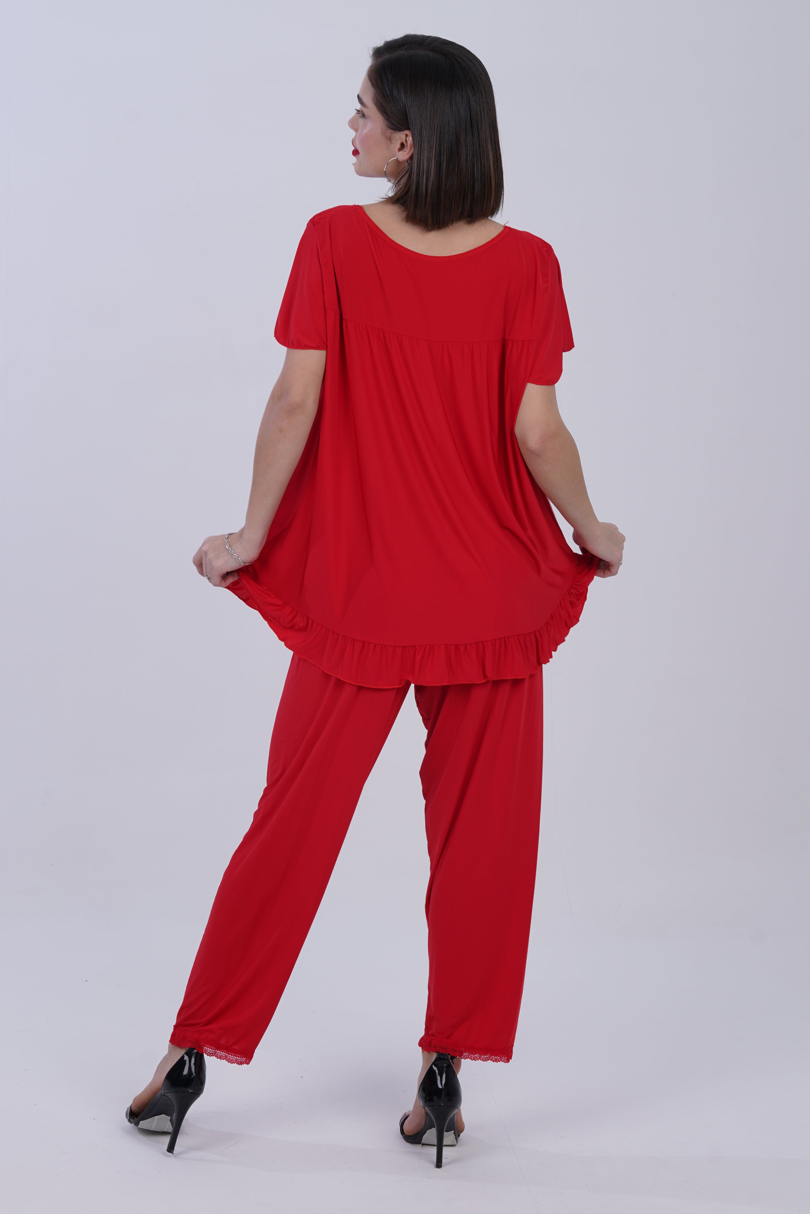 AXTZH NIGHTWEAR 2-piece set: short-sleeve top with matching pajama bottoms X8010-RED-C9M