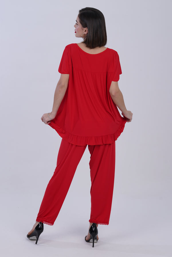AXTZH NIGHTWEAR 2-piece set: short-sleeve top with matching pajama bottoms X8010-RED-C9M