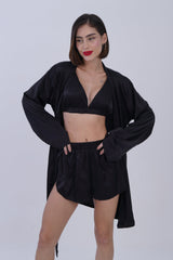 AXTZH Stylish 3-Piece Sexy Nightwear Set with Top, Matching Bottoms, and Sheer Cover-Up for Women X2596-BLACK-NSS3PS