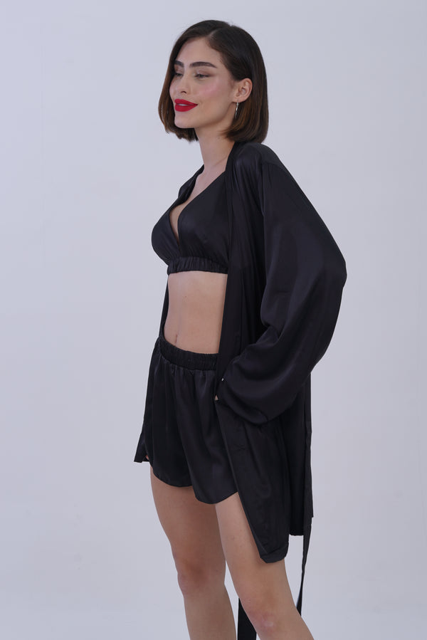 AXTZH Stylish 3-Piece Sexy Nightwear Set with Top, Matching Bottoms, and Sheer Cover-Up for Women X2596-BLACK-NSS3PS