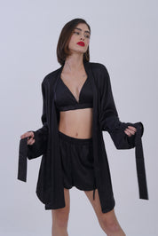 AXTZH Stylish 3-Piece Sexy Nightwear Set with Top, Matching Bottoms, and Sheer Cover-Up for Women X2596-BLACK-NSS3PS