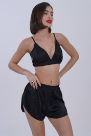 AXTZH Stylish 3-Piece Sexy Nightwear Set with Top, Matching Bottoms, and Sheer Cover-Up for Women X2596-BLACK-NSS3PS